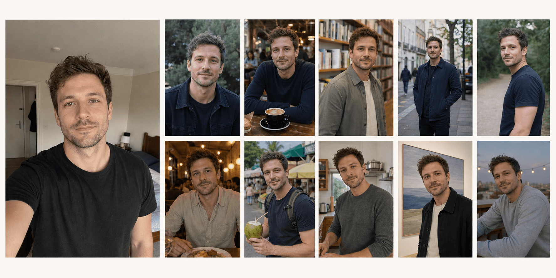 Realistic sample showing one casual selfie beside ten finished dating profile photos of the same man